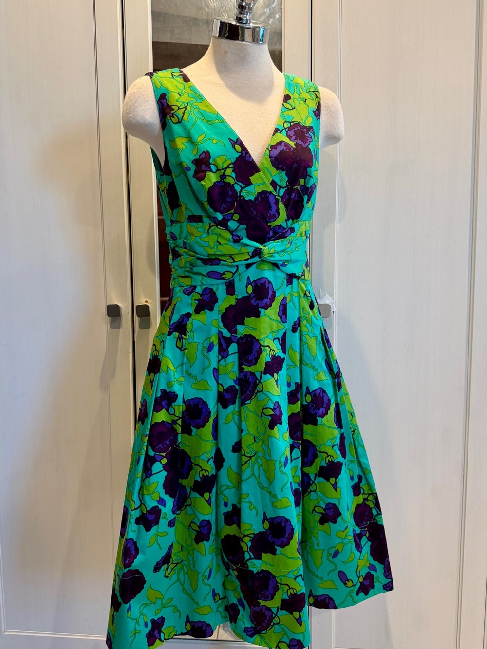 Kay Unger Turquoise, Purple and Lime Floral V-Neck Fit-and-Flare Dress
